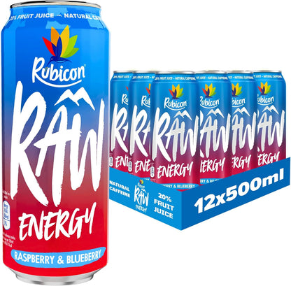 Rubicon RAW 12 Pack Raspberry & Blueberry 500ml Energy Drink, 20% Real Fruit Juice, High caffeine with B-Vitamins, Ginseng & Guarana, No Artificial Colours or Flavours, Reduce Tiredness & Boost Energy