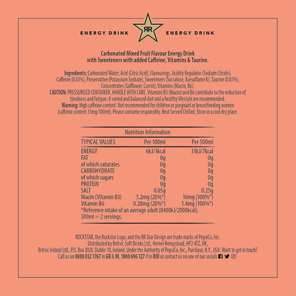 Rockstar Energy Drink - Peach - Non-Alcoholic - 155 mg Caffeine - Caffeinated Drink with Taurine, Niacine and Vitamin B6-12 x 500ml cans