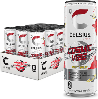 CELSIUS Fantasy Vibe - Sparkling Natural Energy Drink, 4 Vitamins, Caffeine, No Artificial Colours, Sugar Free Energy Drinks, Orange, 355 mL, 12-Pack