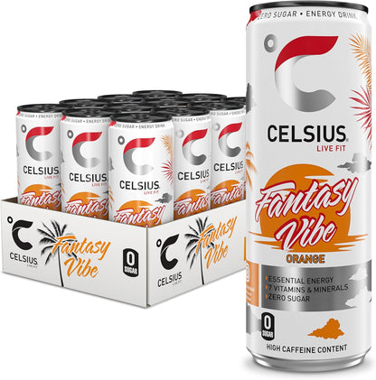 CELSIUS Fantasy Vibe - Sparkling Natural Energy Drink, 4 Vitamins, Caffeine, No Artificial Colours, Sugar Free Energy Drinks, Orange, 355 mL, 12-Pack