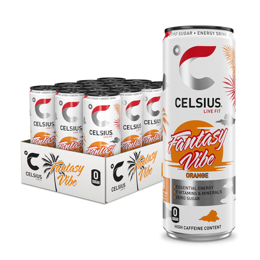 CELSIUS Fantasy Vibe - Sparkling Natural Energy Drink, 4 Vitamins, Caffeine, No Artificial Colours, Sugar Free Energy Drinks, Orange, 355 mL, 12-Pack
