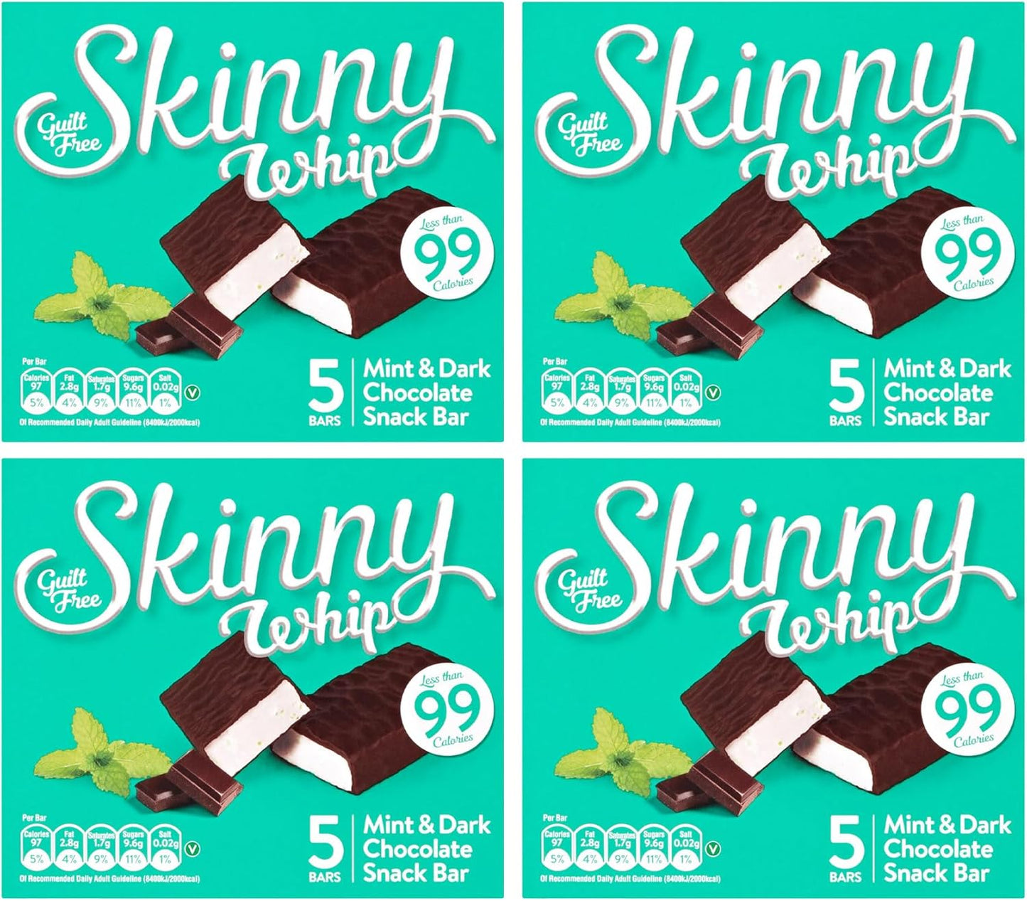 New Skinny Whip Snack bars less than 99 Calories 5 Variations Multi-Pack (Mint & Dark Chocolate, 4 Boxes)