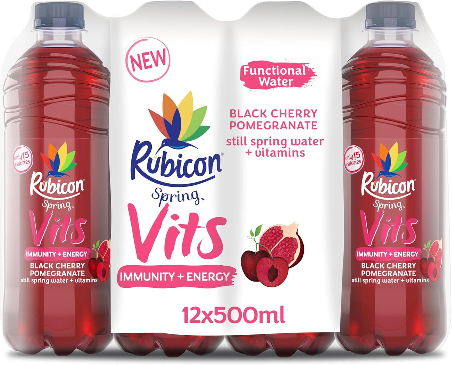 Rubicon Spring Vits Black Cherry Pomegranate Still Vitamin Water - 15 Calories per bottle for healthy hydration - Drinks Multipack 12 x 500ml Bottles