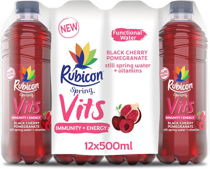 Rubicon Spring Vits Black Cherry Pomegranate Still Vitamin Water - 15 Calories per bottle for healthy hydration - Drinks Multipack 12 x 500ml Bottles