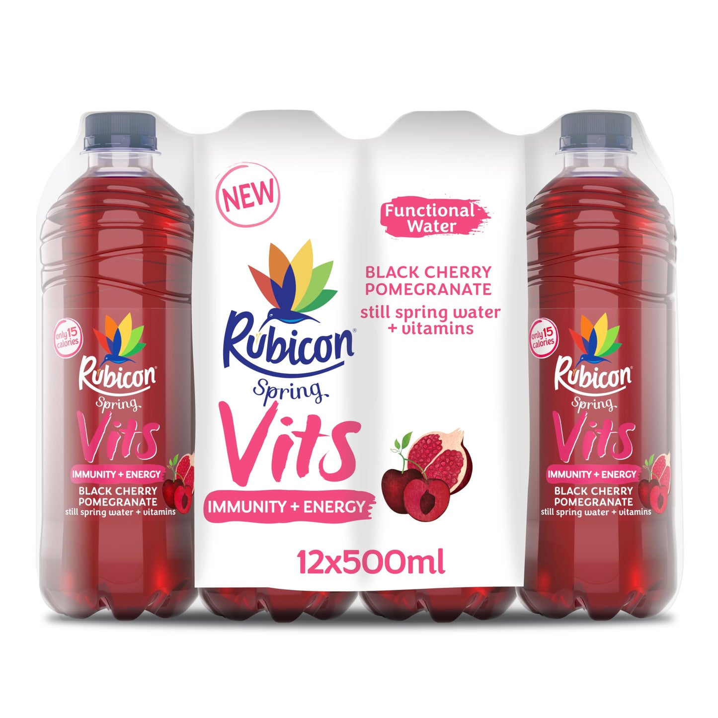 Rubicon Spring Vits Black Cherry Pomegranate Still Vitamin Water - 15 Calories per bottle for healthy hydration - Drinks Multipack 12 x 500ml Bottles