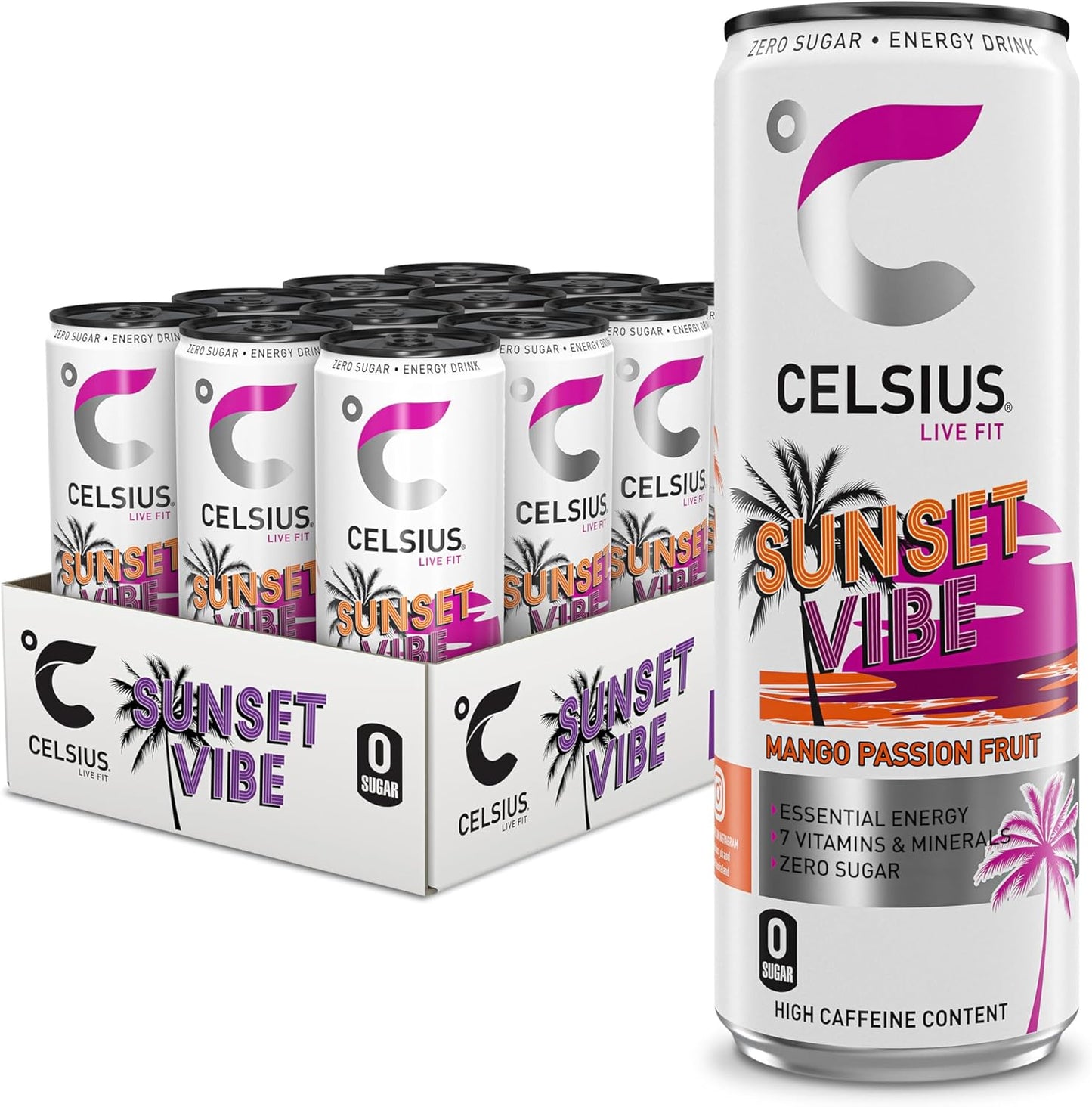 CELSIUS Fantasy Vibe - Sparkling Natural Energy Drink, 4 Vitamins, Caffeine, No Artificial Colours, Sugar Free Energy Drinks, Orange, 355 mL, 12-Pack