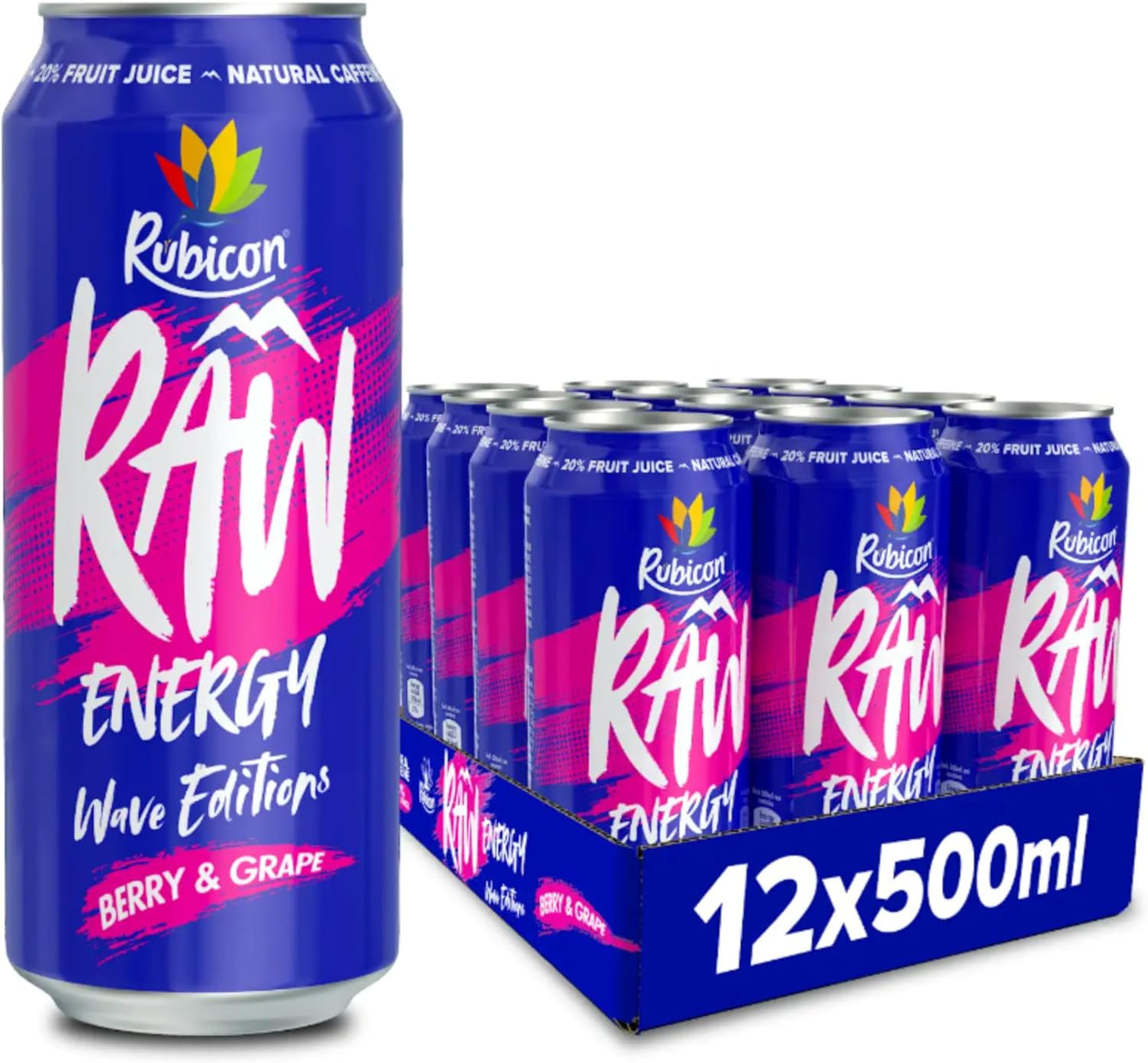 Rubicon RAW 12 Pack Raspberry & Blueberry 500ml Energy Drink, 20% Real Fruit Juice, High caffeine with B-Vitamins, Ginseng & Guarana, No Artificial Colours or Flavours, Reduce Tiredness & Boost Energy