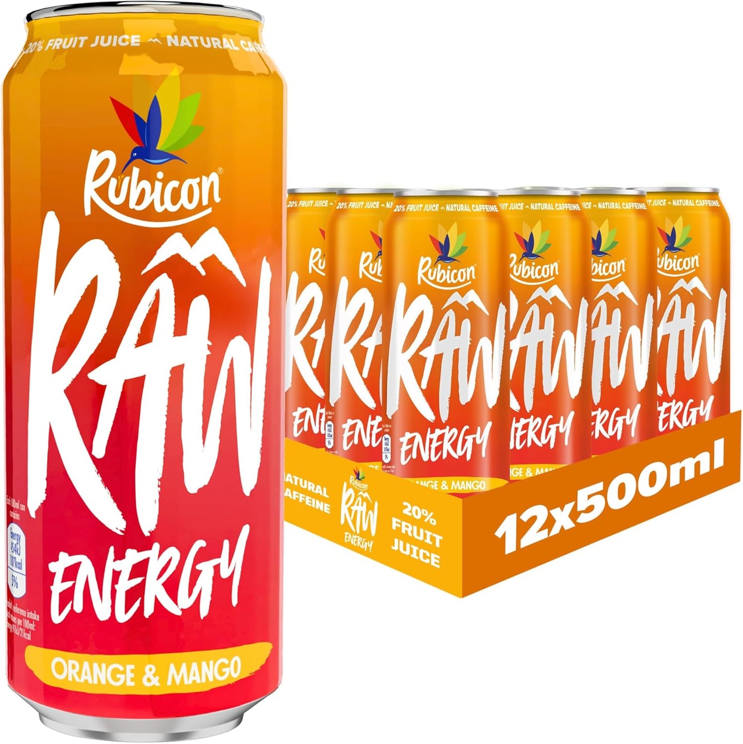 Rubicon RAW 12 Pack Raspberry & Blueberry 500ml Energy Drink, 20% Real Fruit Juice, High caffeine with B-Vitamins, Ginseng & Guarana, No Artificial Colours or Flavours, Reduce Tiredness & Boost Energy