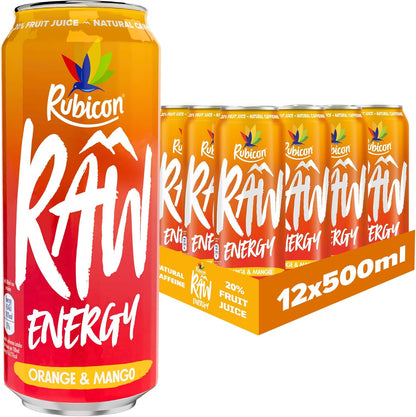 Rubicon RAW 12 Pack Raspberry & Blueberry 500ml Energy Drink, 20% Real Fruit Juice, High caffeine with B-Vitamins, Ginseng & Guarana, No Artificial Colours or Flavours, Reduce Tiredness & Boost Energy