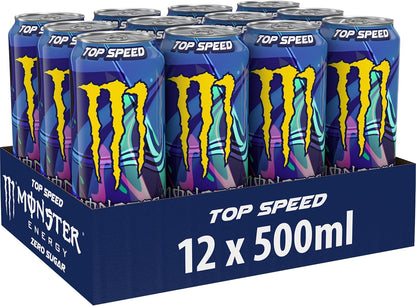 Monster Energy Top Speed Caffeinated Energy Drink with Refreshing Peach Nectarine Flavour - No Sugar and No Calories - in Practical Disposable Tins (12 x 500 ml)