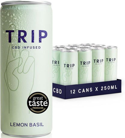 TRIP CBD Drink, Sparkling Lemon Basil Fizzy Drink, Low Calorie, Vegan (Pack of 12 x 250ml)