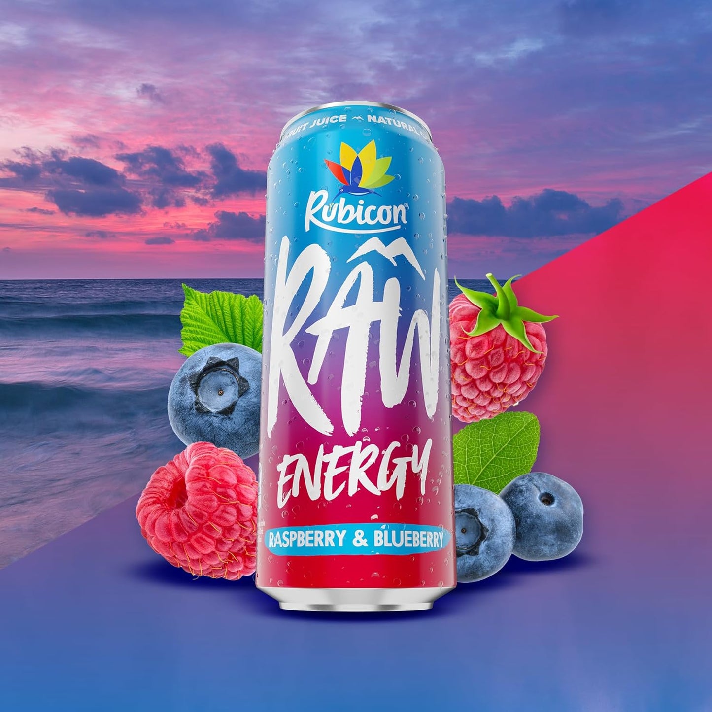 Rubicon RAW 12 Pack Raspberry & Blueberry 500ml Energy Drink, 20% Real Fruit Juice, High caffeine with B-Vitamins, Ginseng & Guarana, No Artificial Colours or Flavours, Reduce Tiredness & Boost Energy