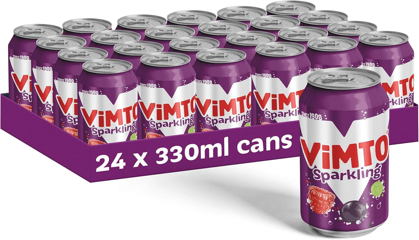 Vimto Original Real Fruit, Blackcurrant, Grape & Raspberry - No Added Sugar Fizzy Fruity Soft Drink - Multipack Cans (24 X 330ml)