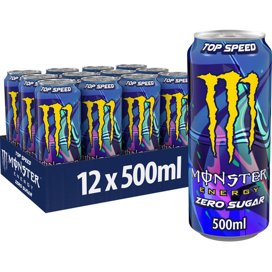 Monster Energy Top Speed Caffeinated Energy Drink with Refreshing Peach Nectarine Flavour - No Sugar and No Calories - in Practical Disposable Tins (12 x 500 ml)