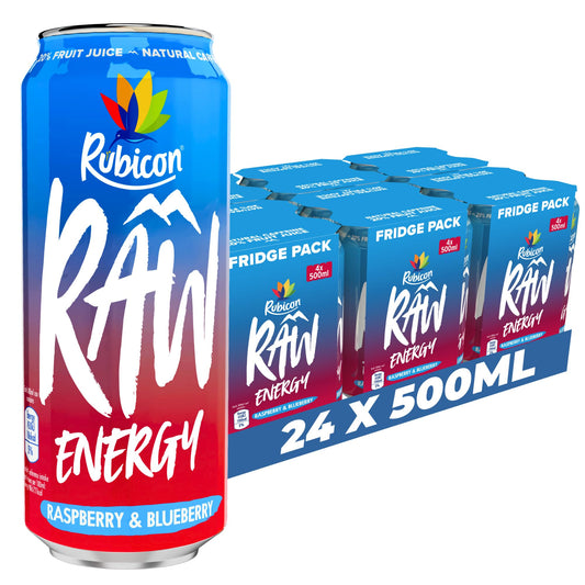 Rubicon RAW 24 Pack Raspberry & Blueberry Energy Drink, 20% Fruit Juice, High caffeine with B-Vitamins, Ginseng & Guarana, Reduce Tiredness & Boost Energy - 24 x 500ml Cans