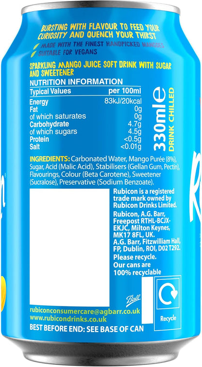 Rubicon 18 Pack Sparkling Mango Flavoured Fizzy Drink with Real Fruit Juice, Handpicked Fruits for a Temptingly Intense Taste "Made of Different Stuff" - 18 x 330ml Cans