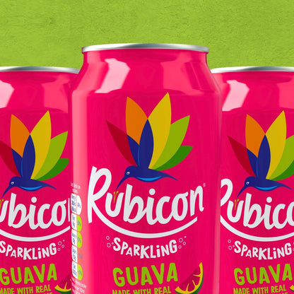 Rubicon 24 Pack Sparkling Guava Flavoured Fizzy Drink with Real Fruit Juice, Handpicked Fruits for a Temptingly Intense Taste "Made of Different Stuff" - 24 x 330ml Cans