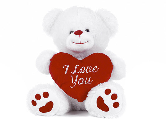 Paws White Teddy Bear holding Red Heart with I Love You written on it (White, 21")