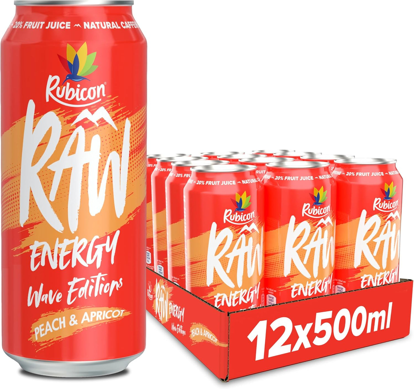 Rubicon RAW 12 Pack Raspberry & Blueberry 500ml Energy Drink, 20% Real Fruit Juice, High caffeine with B-Vitamins, Ginseng & Guarana, No Artificial Colours or Flavours, Reduce Tiredness & Boost Energy