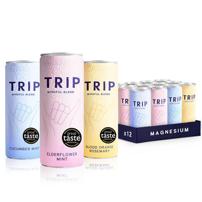 TRIP Mindful Blends - Mixed Pack Sparkling Drink with 1440MG Magnesium + Lion’s Mane + Chamomile + Lemon Balm. Low Calorie and Vegan (Pack of 12 x 250ml)