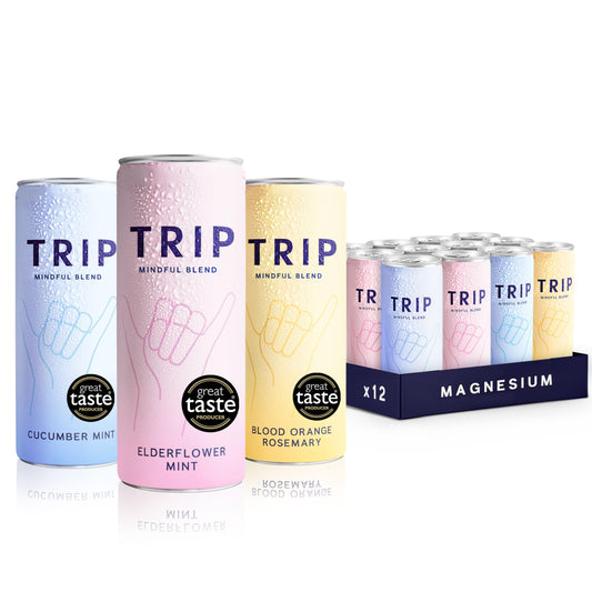 TRIP Mindful Blends - Mixed Pack Sparkling Drink with 1440MG Magnesium + Lion’s Mane + Chamomile + Lemon Balm. Low Calorie and Vegan (Pack of 12 x 250ml)