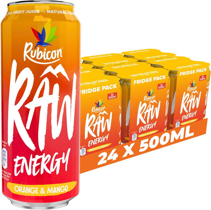 Rubicon RAW 24 Pack Raspberry & Blueberry Energy Drink, 20% Fruit Juice, High caffeine with B-Vitamins, Ginseng & Guarana, Reduce Tiredness & Boost Energy - 24 x 500ml Cans