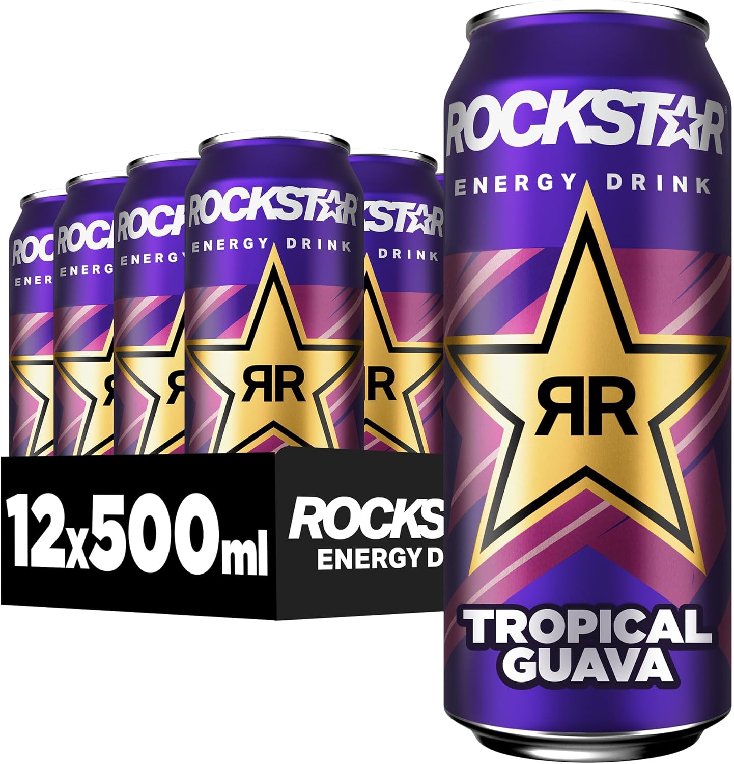 Rockstar Energy Drink Tropical Guava Flavour - Caffeinated Soft Drink for Energy Kick, Disposable (12 x 500 ml) (Packaging Design May Vary)