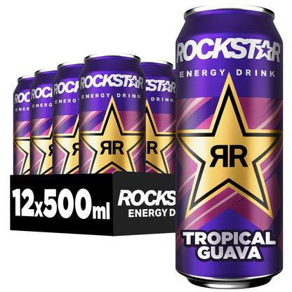 Rockstar Energy Drink Tropical Guava Flavour - Caffeinated Soft Drink for Energy Kick, Disposable (12 x 500 ml) (Packaging Design May Vary)