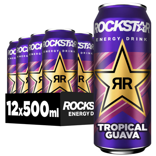 Rockstar Energy Drink Tropical Guava Flavour - Caffeinated Soft Drink for Energy Kick, Disposable (12 x 500 ml) (Packaging Design May Vary)