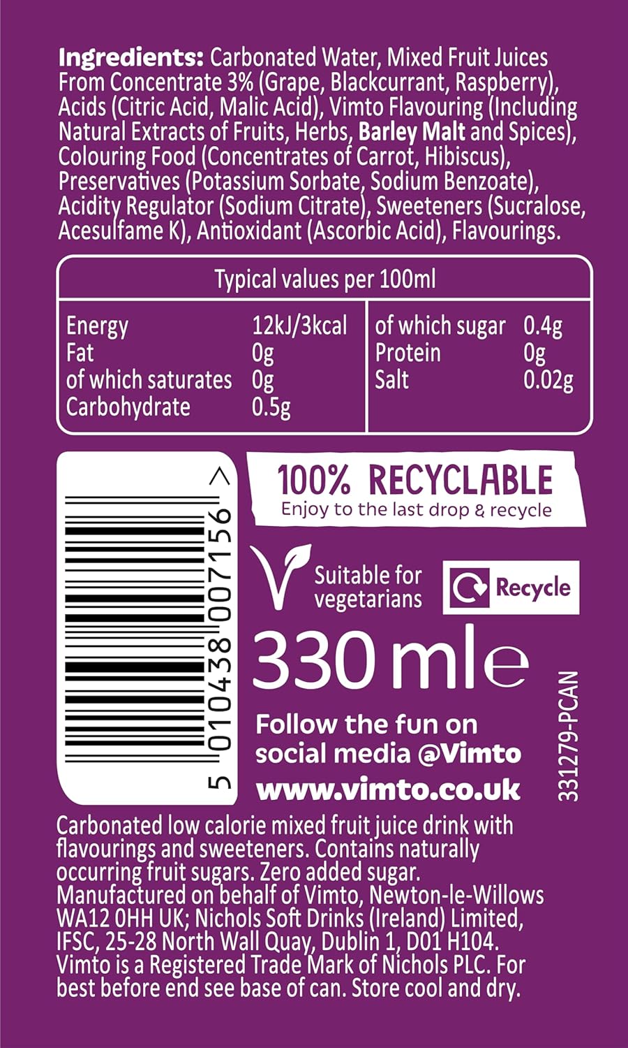 Vimto Original Real Fruit, Blackcurrant, Grape & Raspberry - No Added Sugar Fizzy Fruity Soft Drink - Multipack Cans (24 X 330ml)