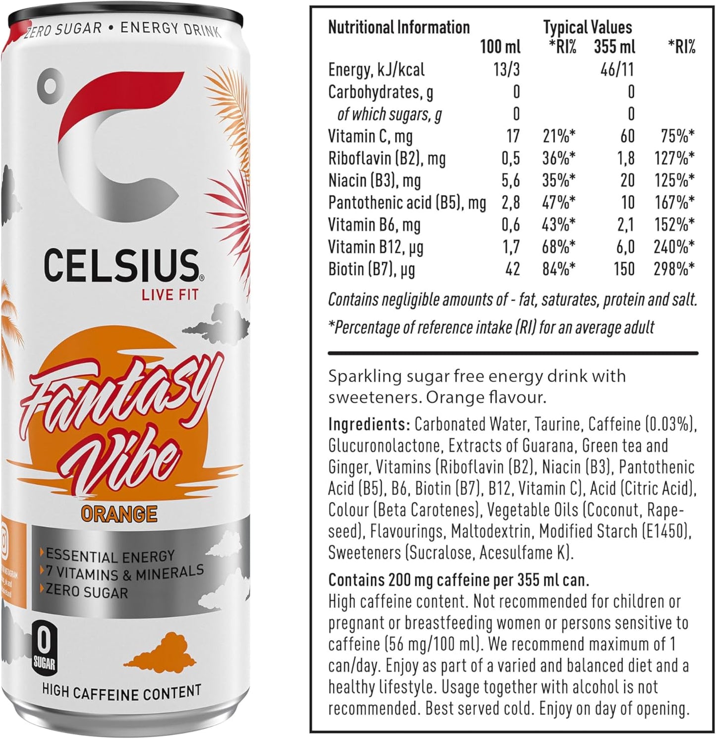 CELSIUS Fantasy Vibe - Sparkling Natural Energy Drink, 4 Vitamins, Caffeine, No Artificial Colours, Sugar Free Energy Drinks, Orange, 355 mL, 12-Pack