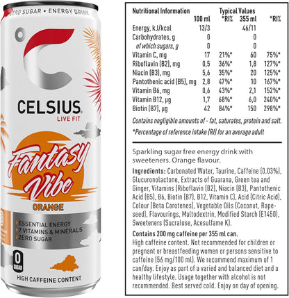 CELSIUS Fantasy Vibe - Sparkling Natural Energy Drink, 4 Vitamins, Caffeine, No Artificial Colours, Sugar Free Energy Drinks, Orange, 355 mL, 12-Pack