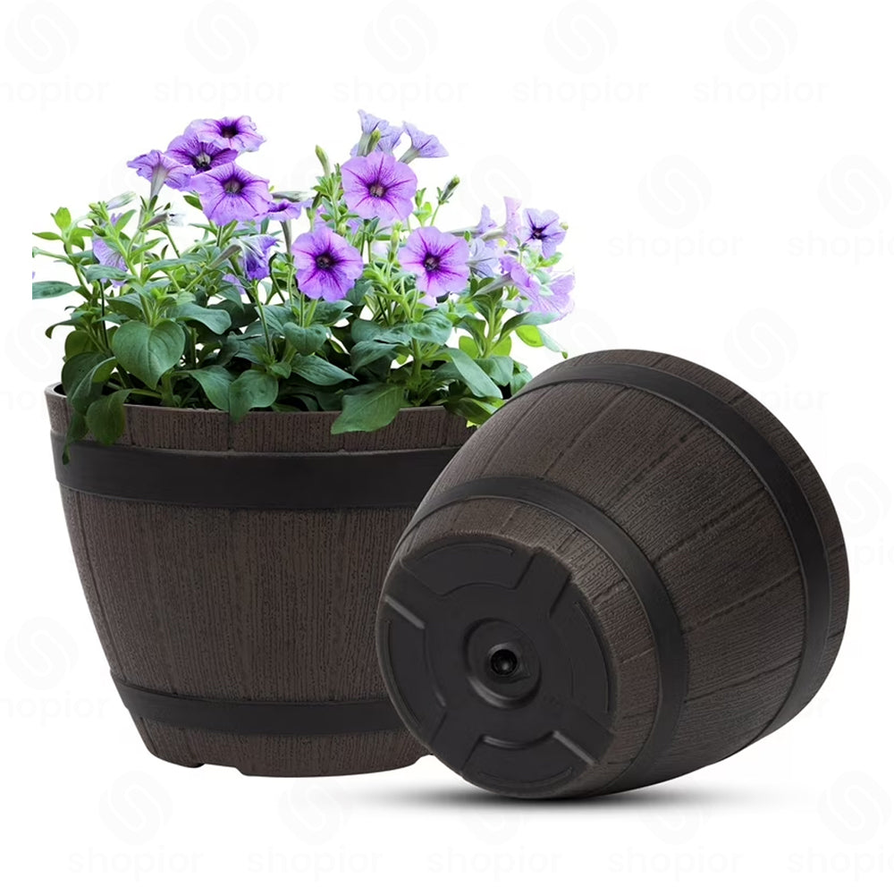 Plastic Whiskey Barrel Planter, Brown Ash 4L Capacity-Outdoor Garden Decor Plant Pot