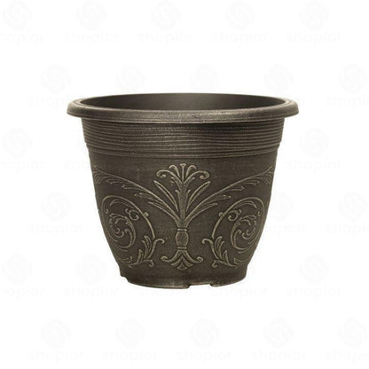 Alhambra Round Planter – Brushed Champagne Ornate Plastic Garden Flower Plant Pot, Indoor & Outdoor Use