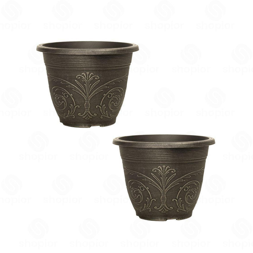 Alhambra Round Planter – Brushed Champagne Ornate Plastic Garden Flower Plant Pot, Indoor & Outdoor Use