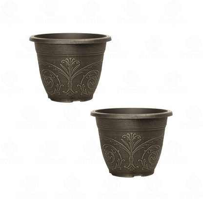 Alhambra Round Planter – Brushed Champagne Ornate Plastic Garden Flower Plant Pot, Indoor & Outdoor Use