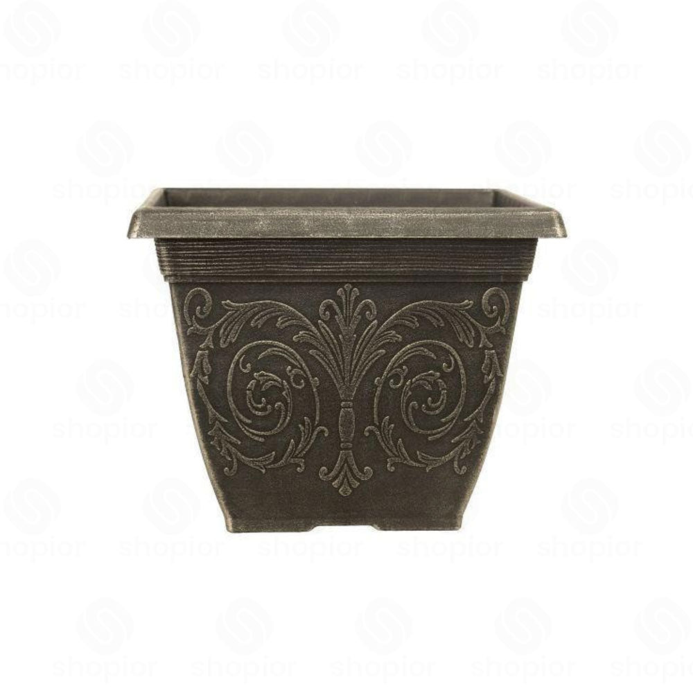 Alhambra Square Planter 25cm – Brushed Champagne Ornate Plastic Garden Plant Pot, Indoor & Outdoor