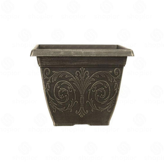 Alhambra Square Planter 25cm – Brushed Champagne Ornate Plastic Garden Plant Pot, Indoor & Outdoor