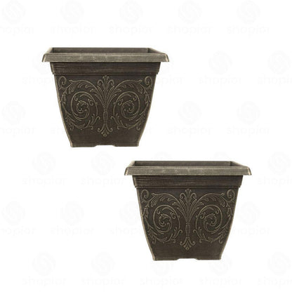 Alhambra Square Planter 25cm – Brushed Champagne Ornate Plastic Garden Plant Pot, Indoor & Outdoor