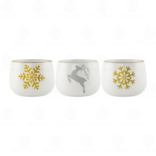 Christmas Ceramic Planters 13.5cm | Pack of 3 | Reindeer & Snowflake Festive Plant Pots