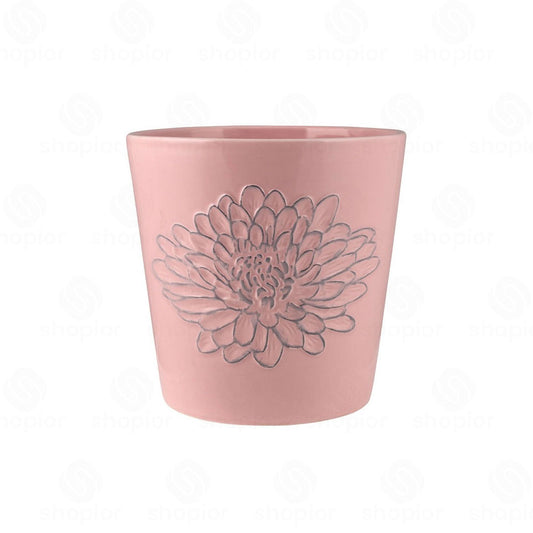 Ceramic Flower Head Planter 14cm – Pink & White Embossed Floral Indoor Plant Pot