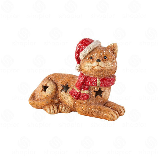 LED Light-Up Christmas Pet Ornament | Cement Cat & Dog Figurine with Santa Scarf Hat | Festive Tabletop Decoration