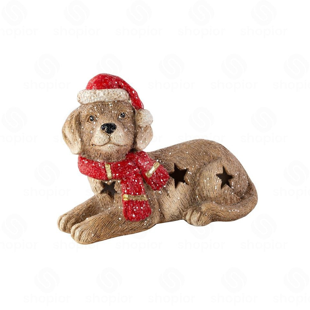 LED Light-Up Christmas Pet Ornament | Cement Cat & Dog Figurine with Santa Scarf Hat | Festive Tabletop Decoration