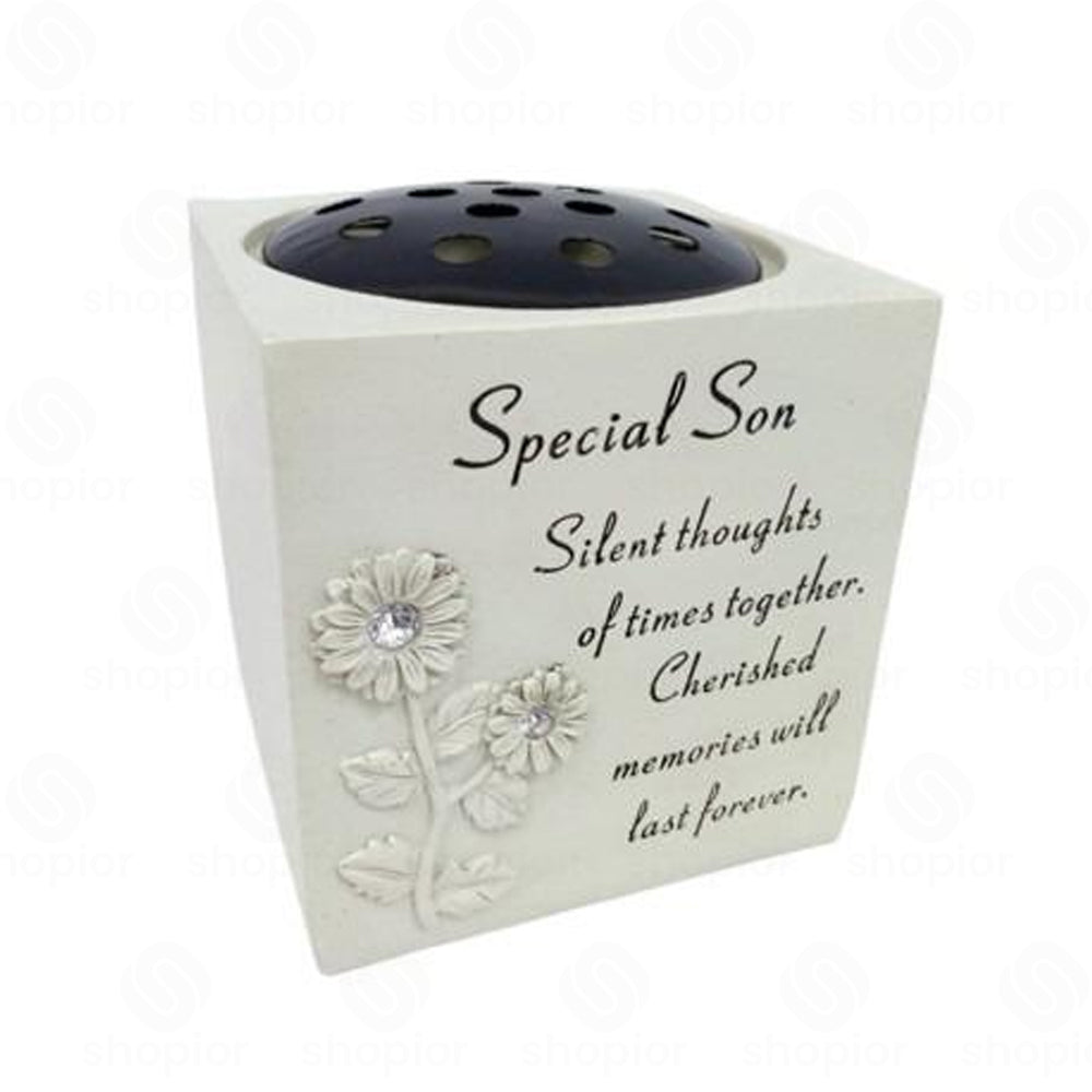 Memorial Grave Vase Flower Holder – Sunflower Diamante Stone Effect Resin Graveside Tribute and Ornament