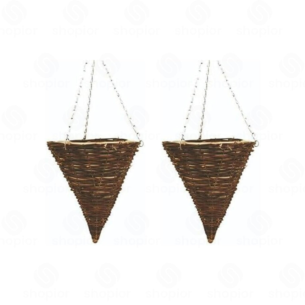 Wicker Basket Planters – Natural Rattan Willow Hanging Flower Pots with Polythene Liner & Metal Chain – Large Decorative Cone Shaped Hanging Planters for Indoor & Outdoor