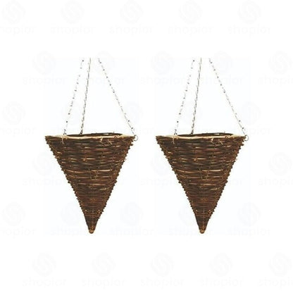 Wicker Basket Planters – Natural Rattan Willow Hanging Flower Pots with Polythene Liner & Metal Chain – Large Decorative Cone Shaped Hanging Planters for Indoor & Outdoor