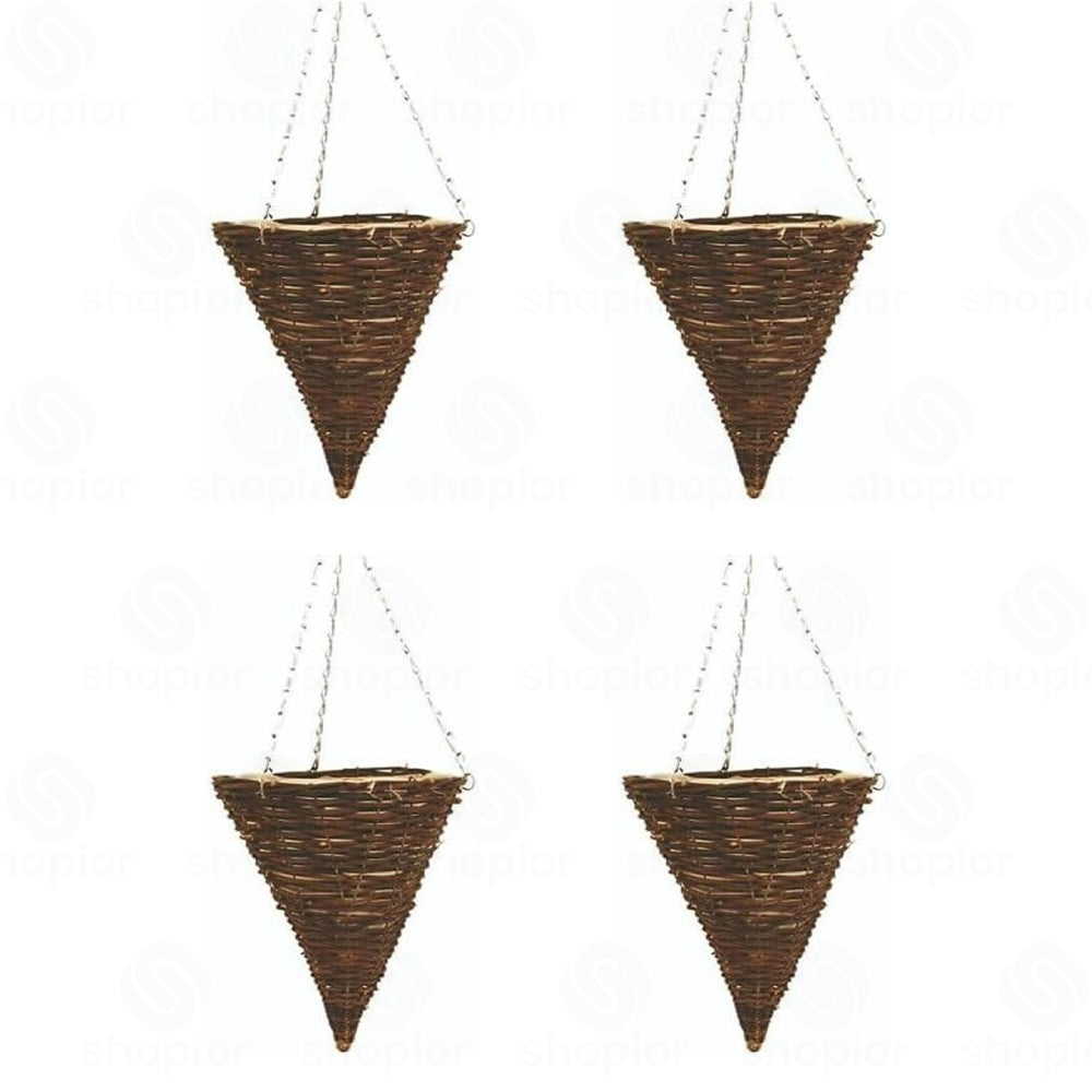 Wicker Basket Planters – Natural Rattan Willow Hanging Flower Pots with Polythene Liner & Metal Chain – Large Decorative Cone Shaped Hanging Planters for Indoor & Outdoor
