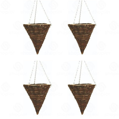 Wicker Basket Planters – Natural Rattan Willow Hanging Flower Pots with Polythene Liner & Metal Chain – Large Decorative Cone Shaped Hanging Planters for Indoor & Outdoor