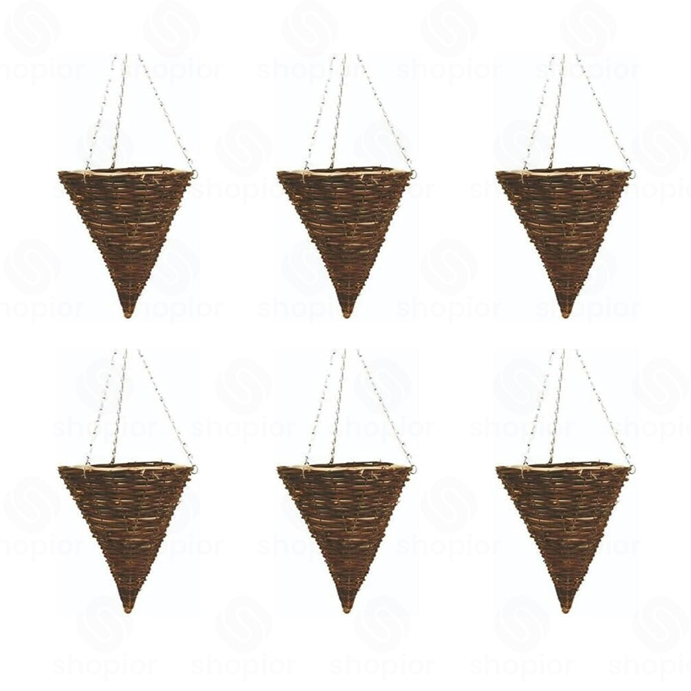 Wicker Basket Planters – Natural Rattan Willow Hanging Flower Pots with Polythene Liner & Metal Chain – Large Decorative Cone Shaped Hanging Planters for Indoor & Outdoor