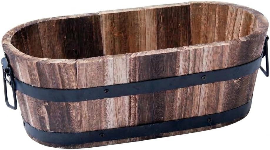 Rustic Round Burnt Wood Whiskey Barrel Planter – Outdoor Wooden Garden Plant Pot